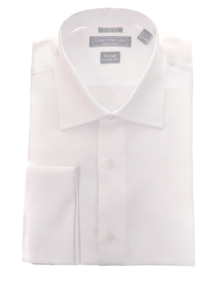 Men's Slim Fit White Textured Spread Collar French Cuff Cotton Dress Shirt - The Suit Depot