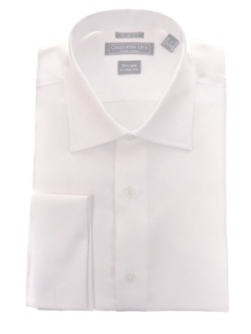 Men's Slim Fit White Textured Spread Collar French Cuff Cotton Dress Shirt - The Suit Depot