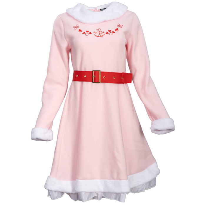 Mrs. Elf Christmas Halloween Costume Adults Holiday Pink Dress, Red Belt & Hat Festive Women’s Elf Outfit