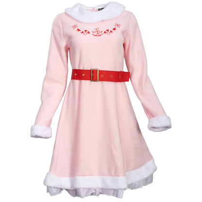 Mrs. Elf Christmas Halloween Costume Adults Holiday Pink Dress, Red Belt & Hat Festive Women’s Elf Outfit