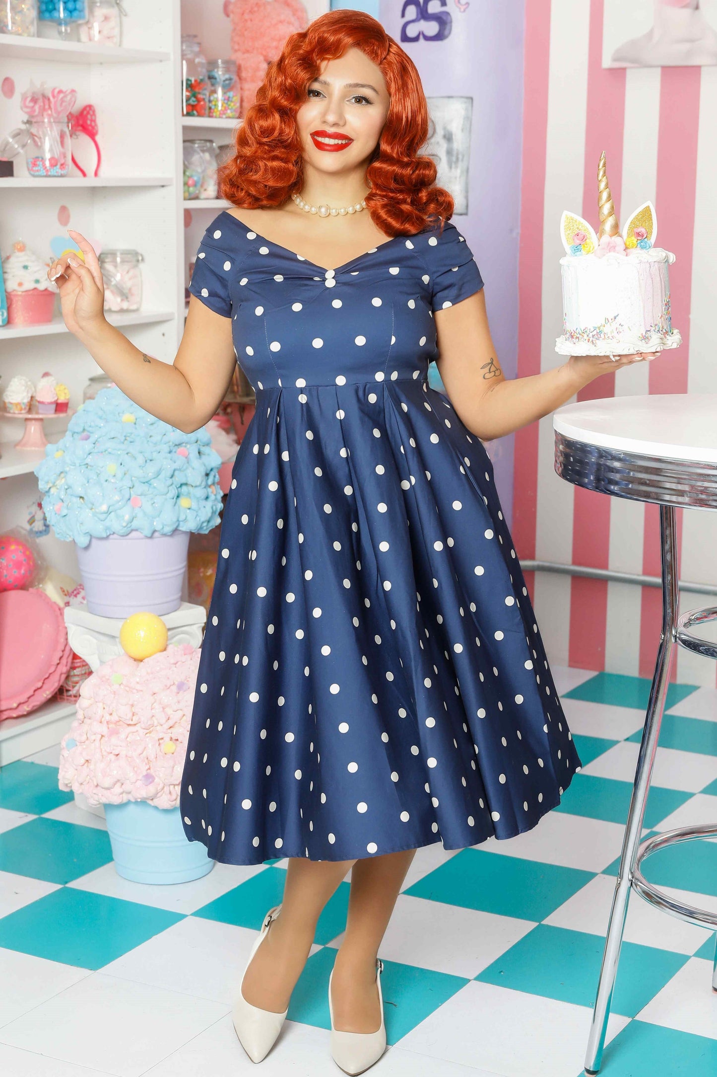 Lily Navy Blue Polka Dot Off Shoulder Circle Dress