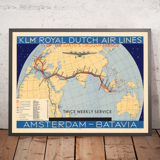 Old KLM Map of Amsterdam to Batavia (Jakarta), 1934: Airline Routes, Twice Weekly Service