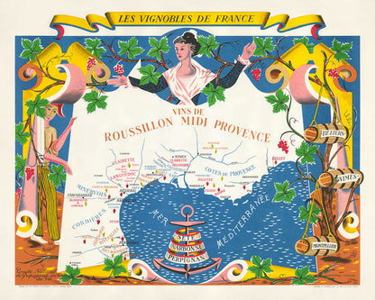 Old Wine Map of Roussillon and Provence by Hetreau, 1954: Marseille, Nice, Montpellier, Nîmes, Toulon
