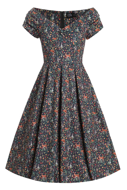 Lily Owl & Deer Off Shoulder Dress In Dark Green