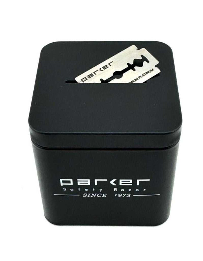 Black Parker razor blade disposal bank with slot for blades