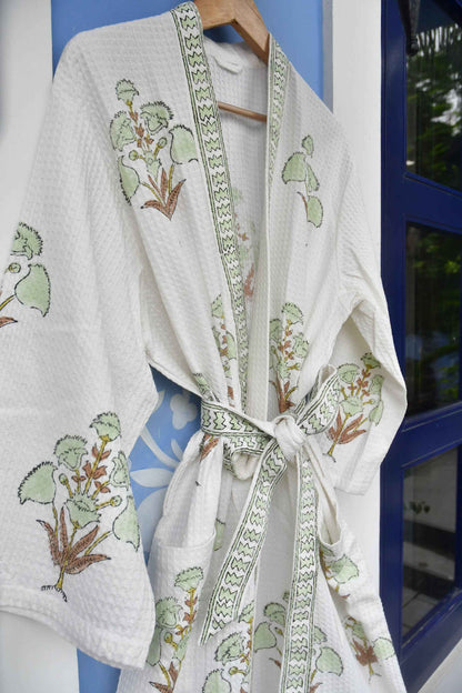 Pista Green Floral waffle cotton Bathrobe