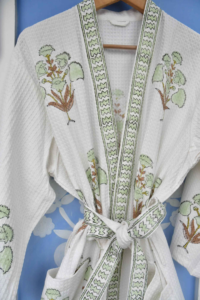 Pista Green Floral waffle cotton Bathrobe