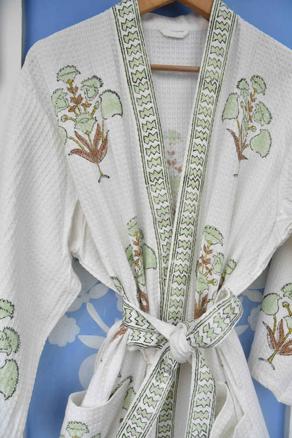 Pista Green Floral waffle cotton Bathrobe