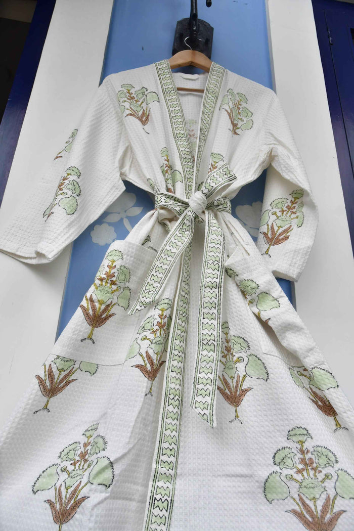 Pista Green Floral waffle cotton Bathrobe