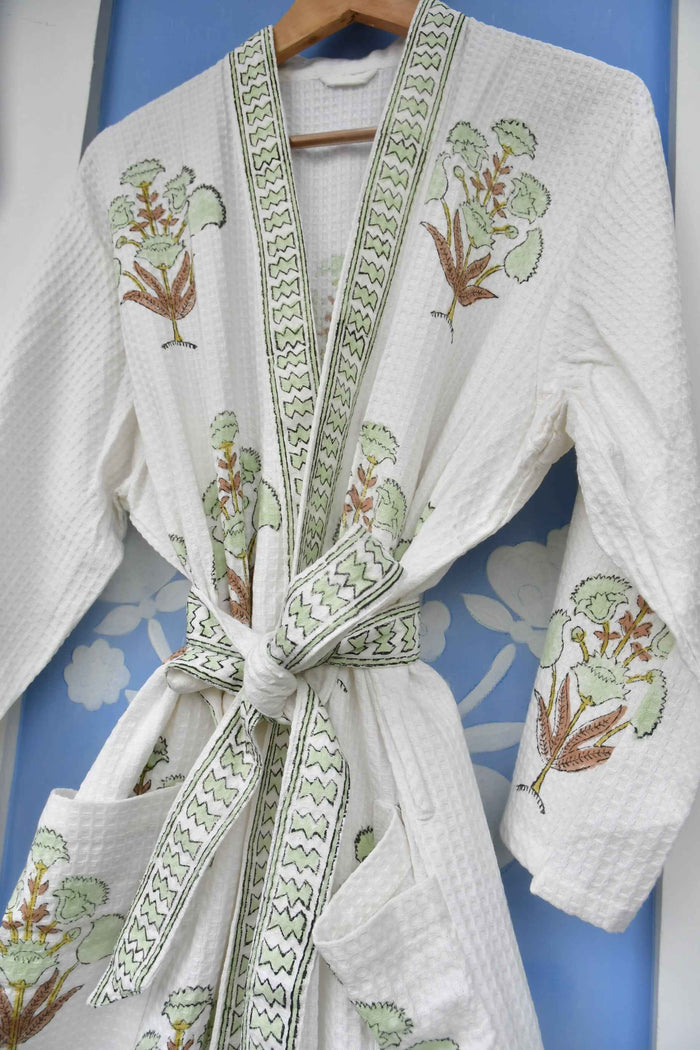 Pista Green Floral waffle cotton Bathrobe