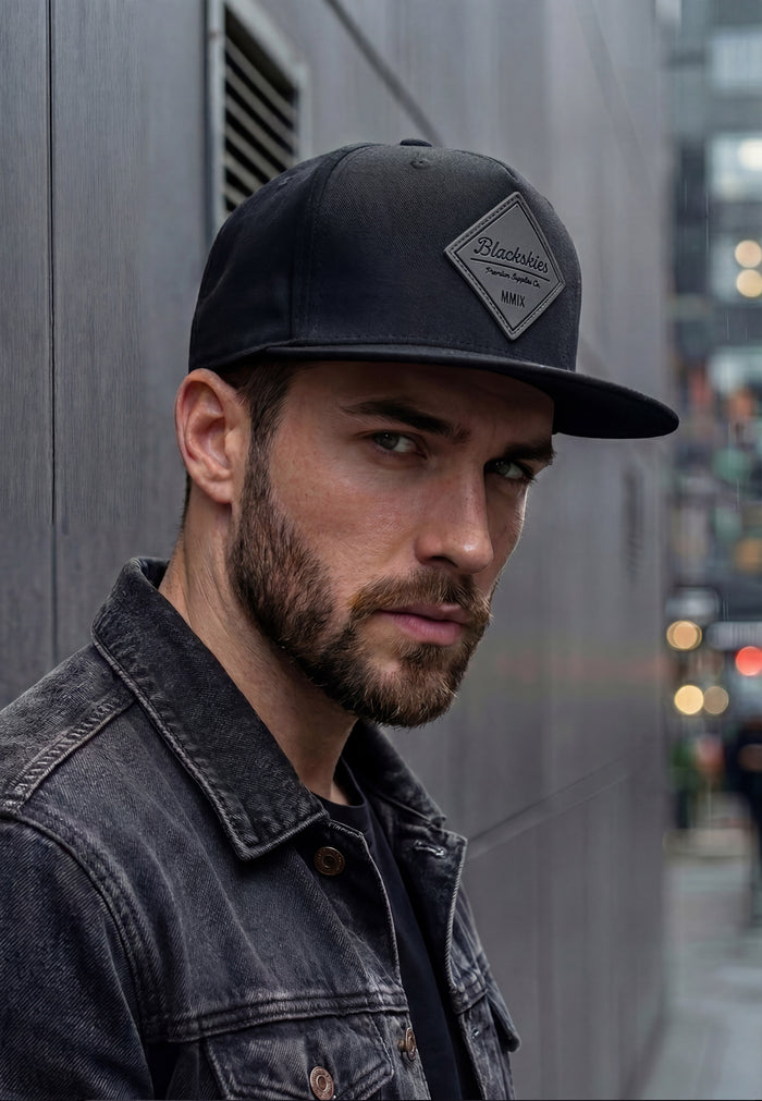 Man wearing a black cap and denim jacket against an urban background