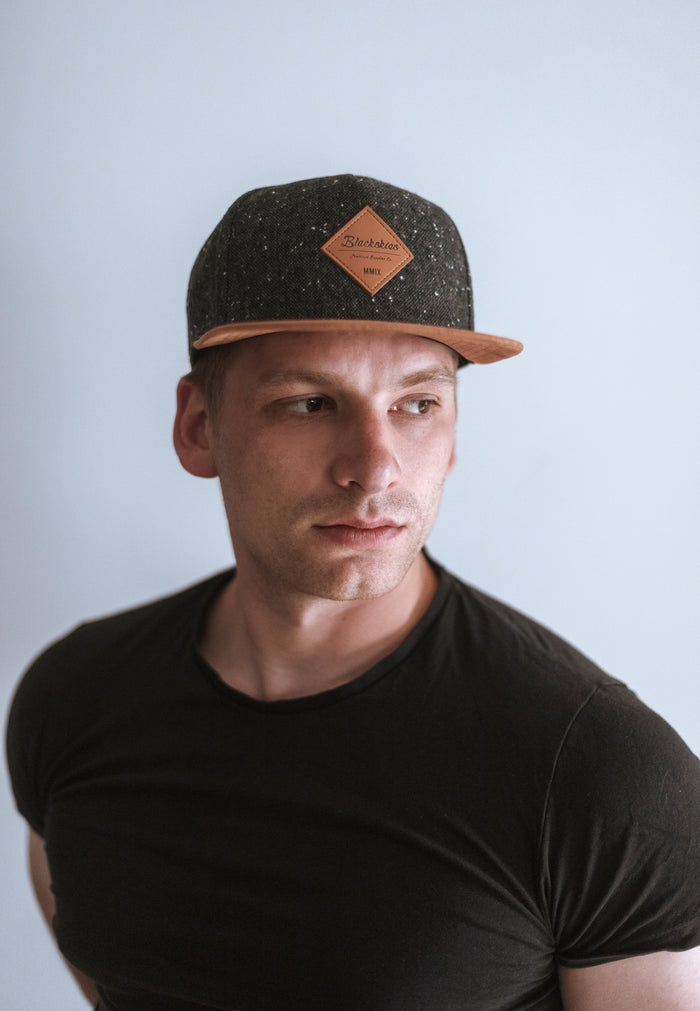 Blackskies-Port-Dover-Snapback-Cap-Black-Speckle-Beige-Suede-Model