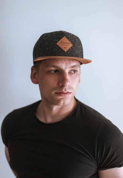 Blackskies-Port-Dover-Snapback-Cap-Black-Speckle-Beige-Suede-Model