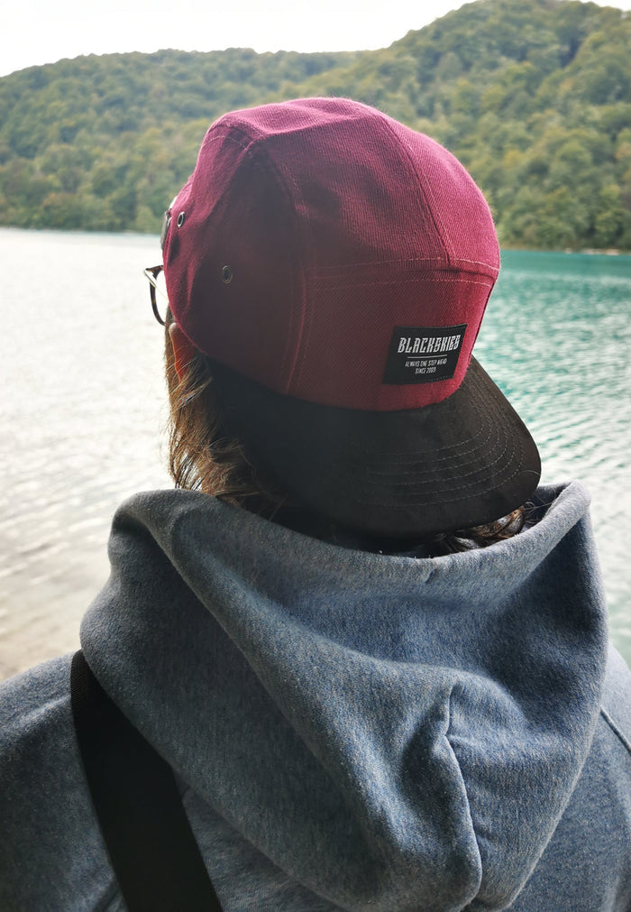Blackskies-Port-Townsend-5-Panel-Cap-Black-Maroon-Camp-Hat-Strap-Model-1800x2600-3