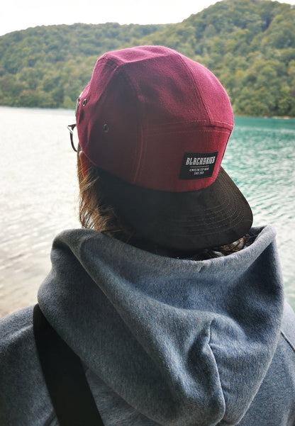 Blackskies-Port-Townsend-5-Panel-Cap-Black-Maroon-Camp-Hat-Strap-Model-1800x2600-3