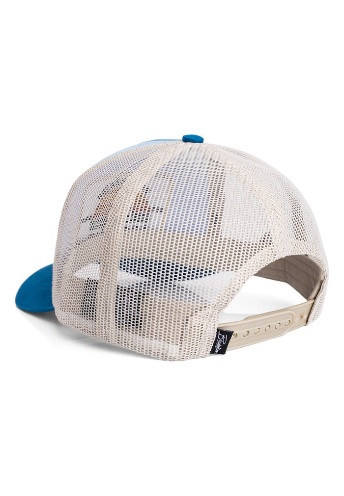 Trucker cap with mesh back and blue visor on a white background