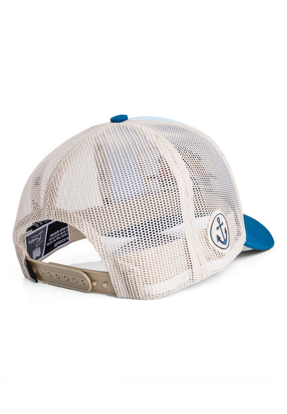 Trucker hat with mesh back and blue visor on a white background