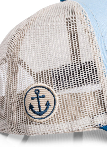 Beige mesh cap with a blue anchor emblem on a white background