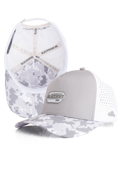 Gray and white camouflage baseball cap with mesh back on a white background