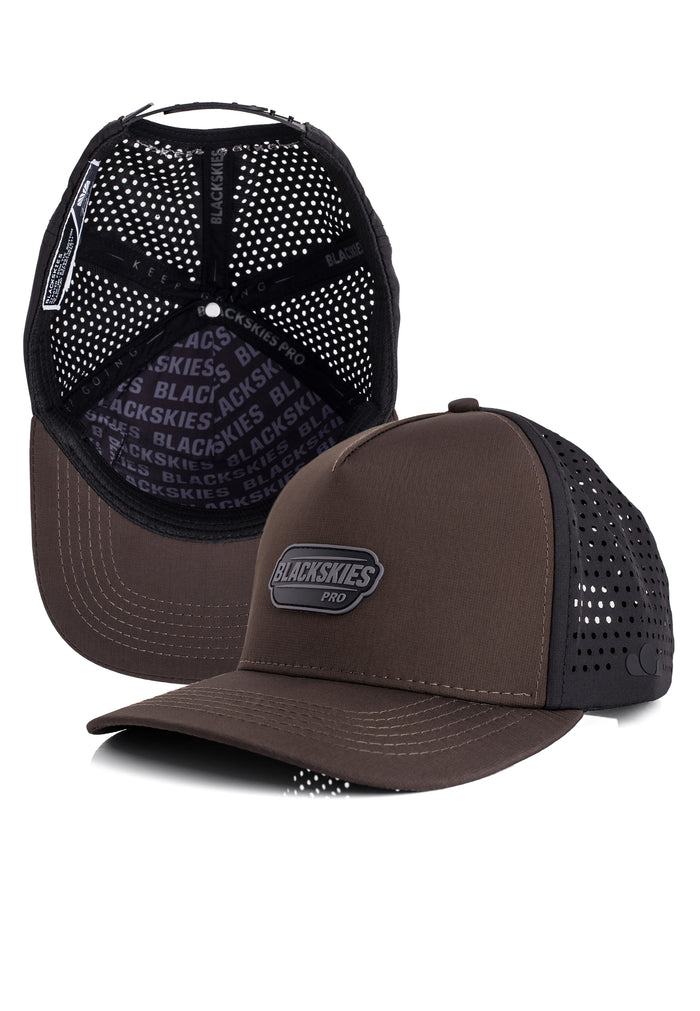 Brown and black mesh cap with 'Blackskies' branding on a white background