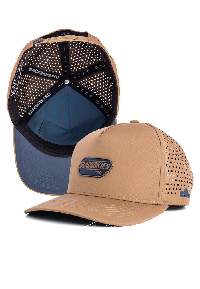 Two mesh caps, one brown and one blue, with 'Blackskies Pro' branding on a white background.