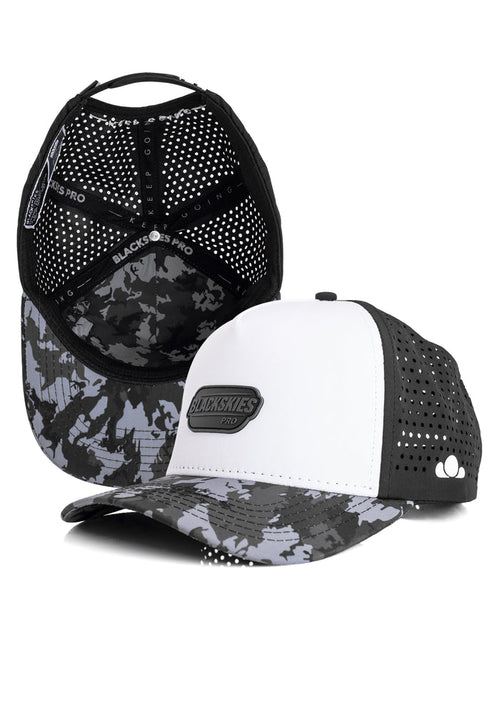 Two trucker hats with camouflage and black mesh designs on a white background.