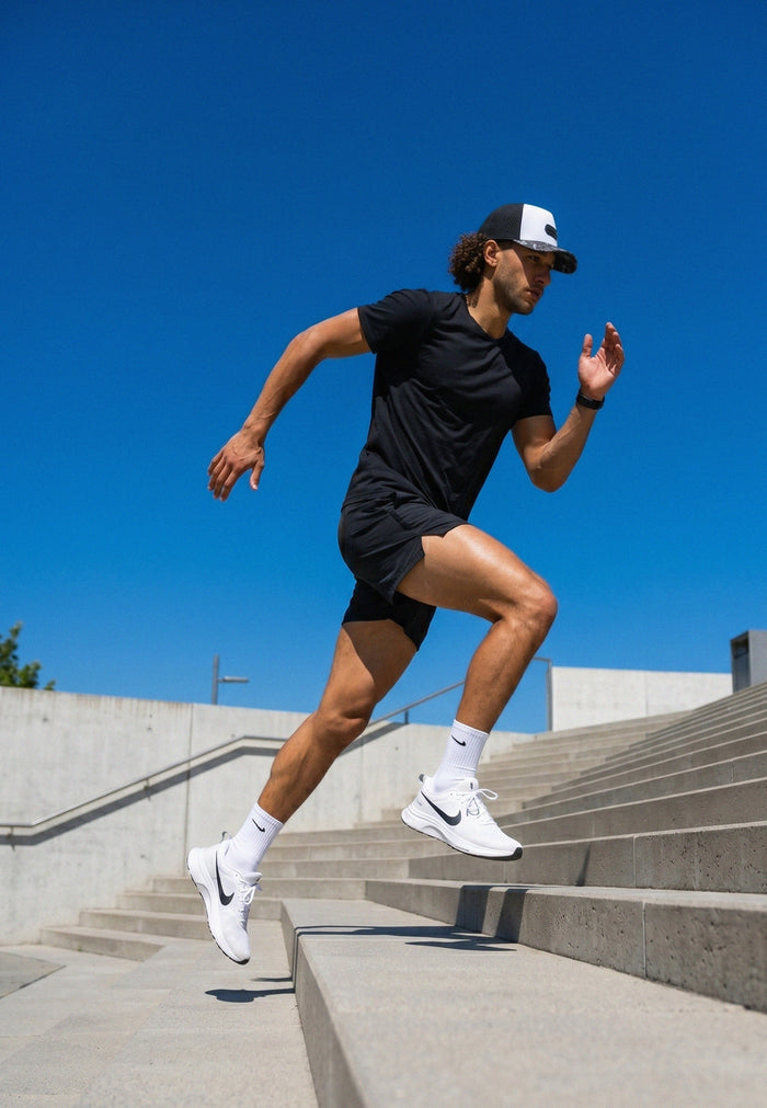 Person running up a set of stairs on a clear day