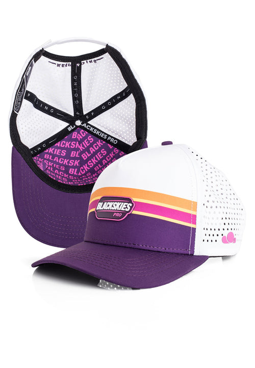 Two baseball caps with purple and white design on a white background