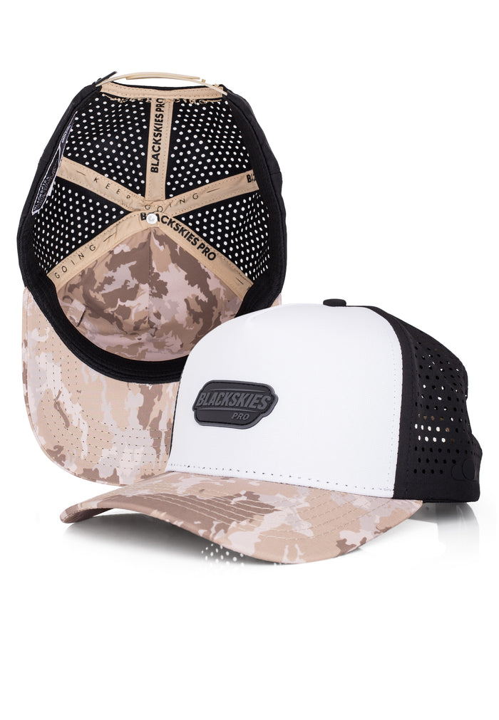 Two camouflage baseball caps with Blackskies logo on a white background
