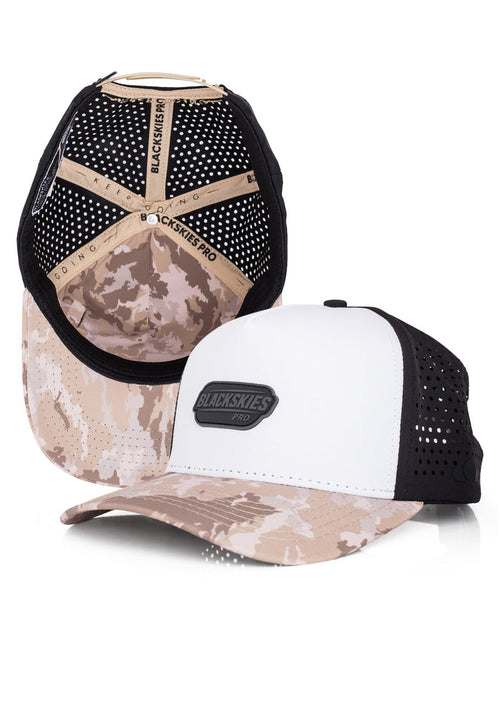 Two camouflage baseball caps with Blackskies logo on a white background
