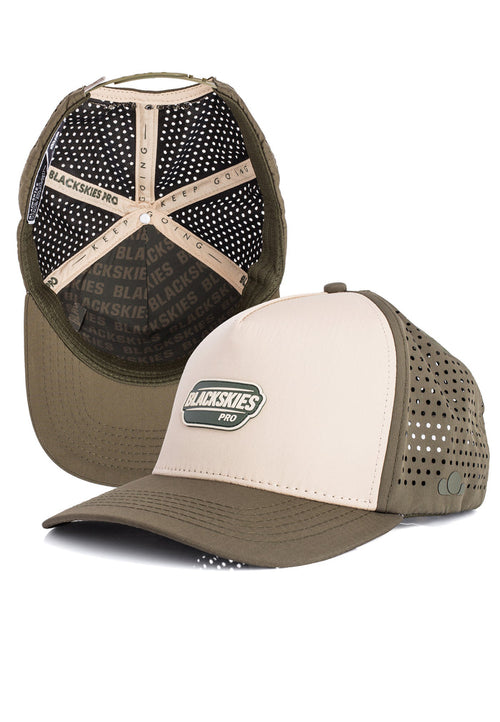 Two mesh caps with visible branding on a white background