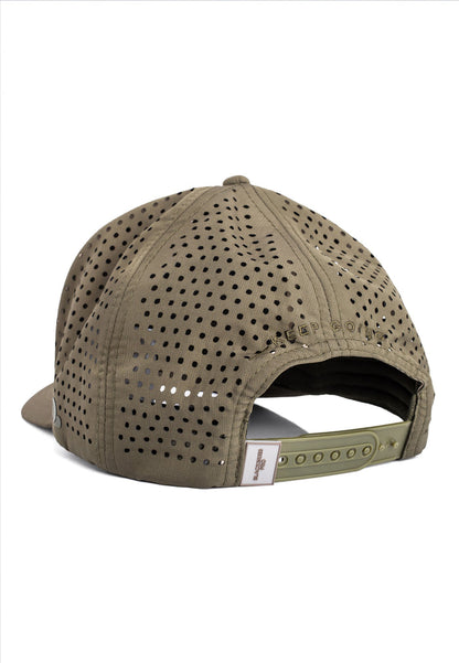 Brown cap with perforated design on a white background