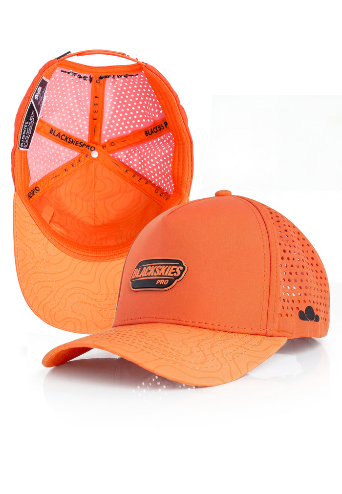 Orange mesh cap with visible branding on a white background