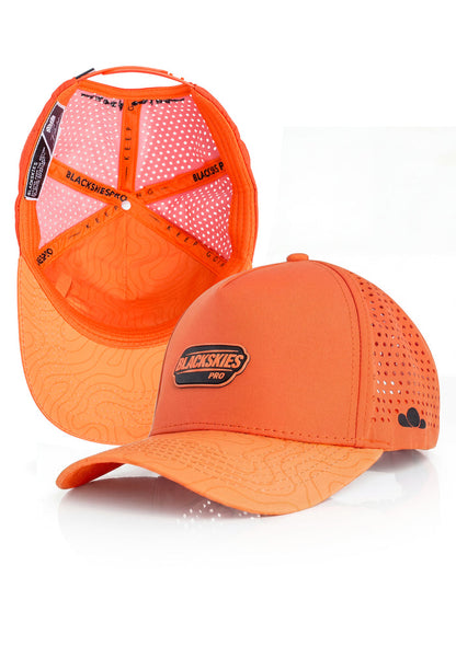Orange mesh cap with visible branding on a white background