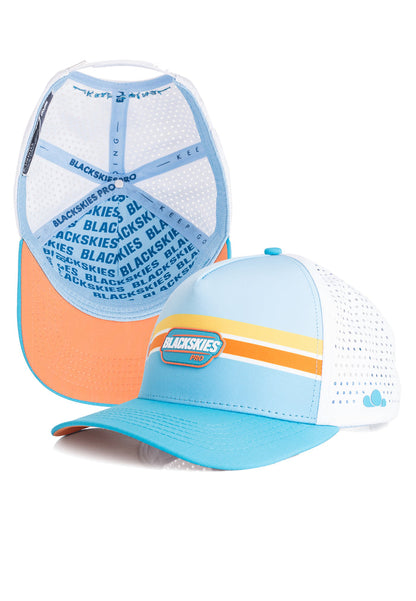 Two caps with different color schemes and branding on a white background
