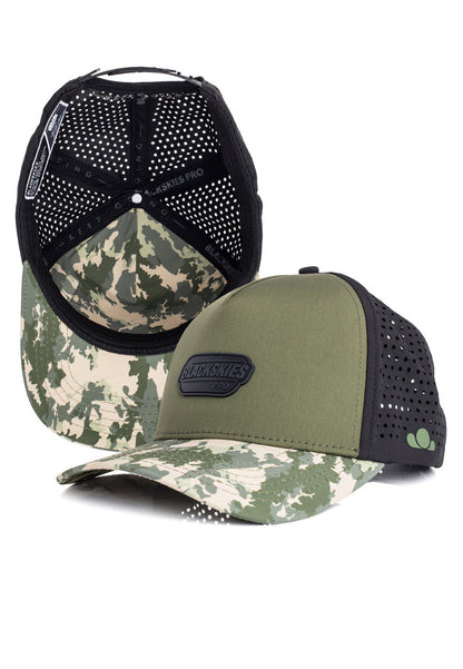 Two camouflage baseball caps with mesh backs on a white background