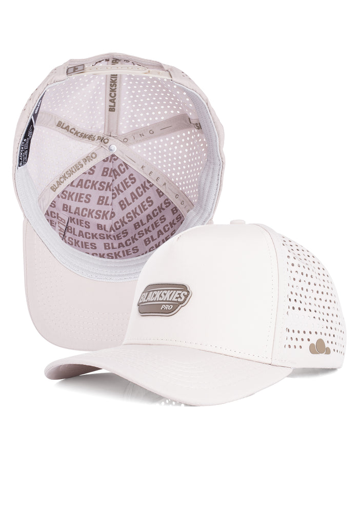 Two white baseball caps with mesh design on a white background