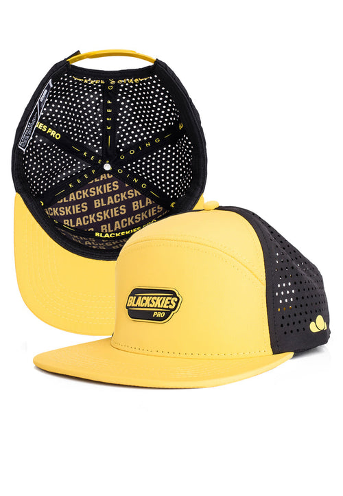 Yellow and black cap with 'Blackskies' branding on a white background