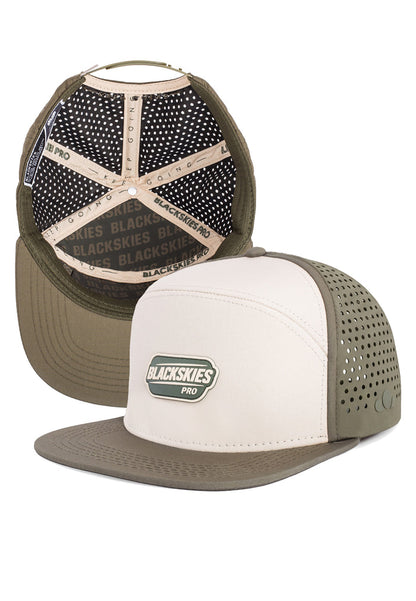 green-beige sport performance caps with 'Blackskies Pro' branding on a white background