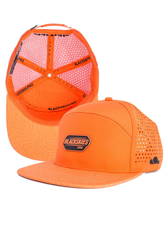 Orange cap with mesh back and visible branding on a white background
