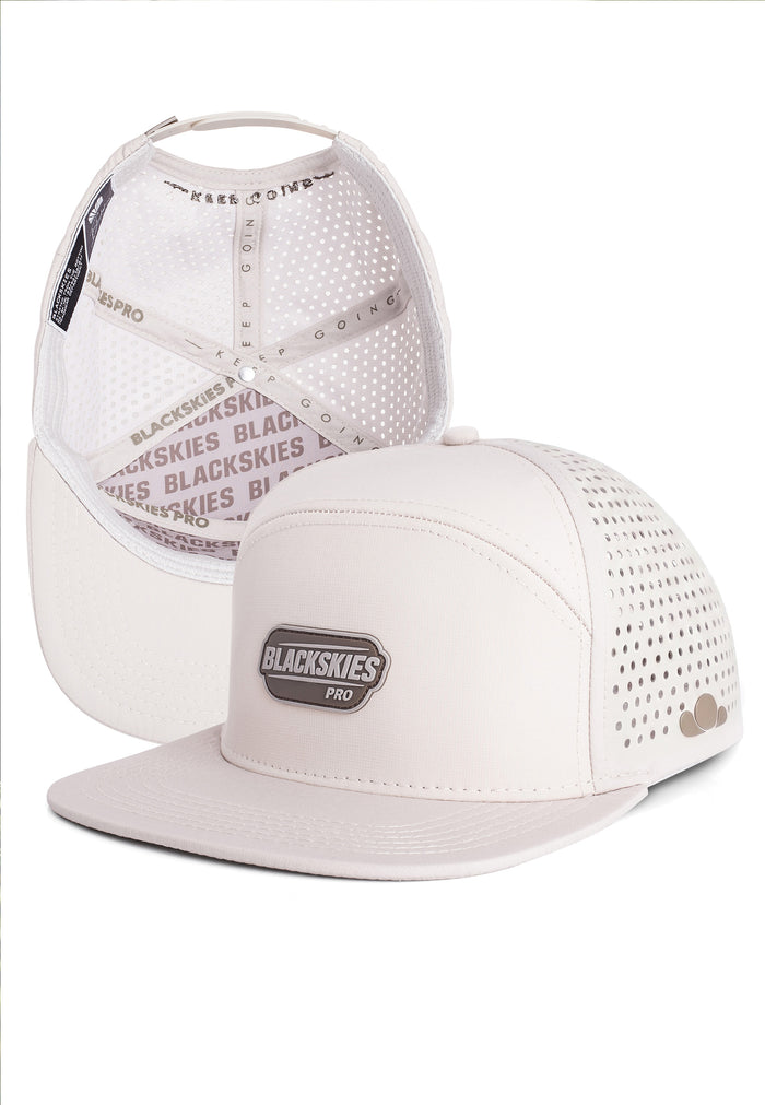 Blackskies taupe sport cap with mesh design and 'Blackskies' branding on a white background