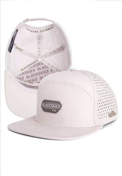 Blackskies taupe sport cap with mesh design and 'Blackskies' branding on a white background