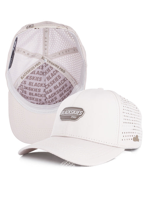 Two white baseball caps with mesh back and 'Blackskies' branding on a white background