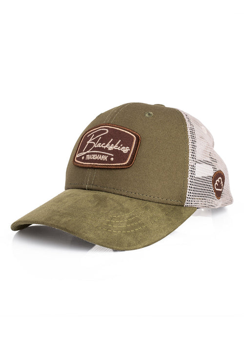 Green trucker cap with a brown patch on a white background