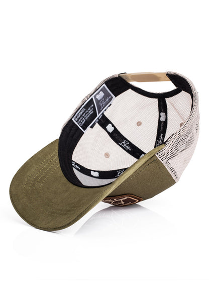 Baseball cap with mesh back and olive green bill on a white background
