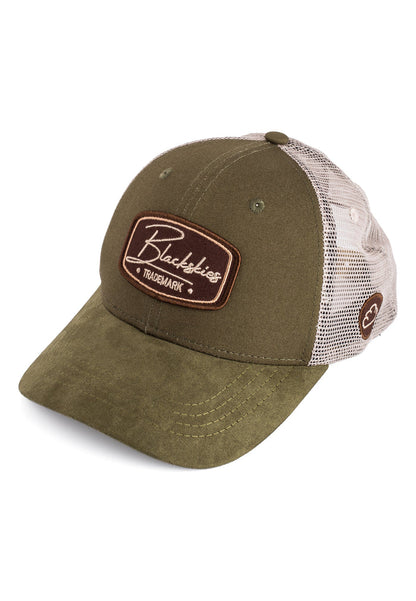 Green trucker cap with a brown leather patch on a white background