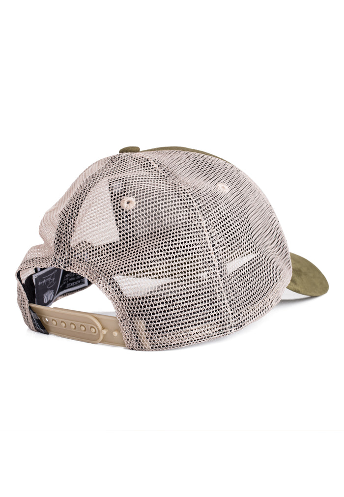 Beige mesh cap with green bill on a white background