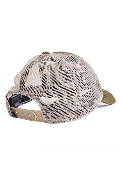 Beige mesh cap with green bill on a white background