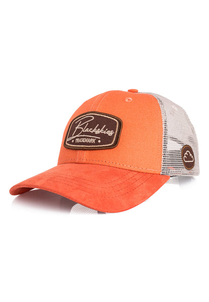 Orange and beige cap with a brand logo on a white background
