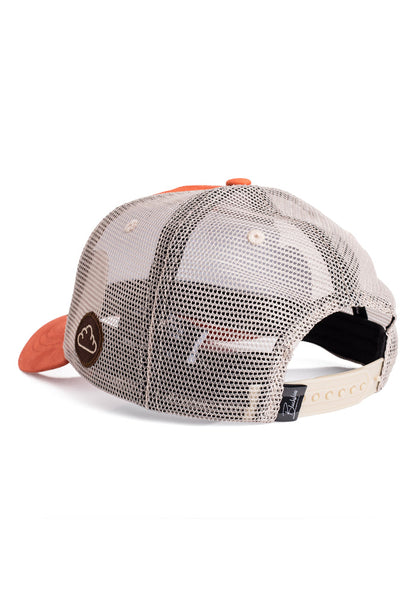 Trucker cap with mesh back and orange brim on a white background